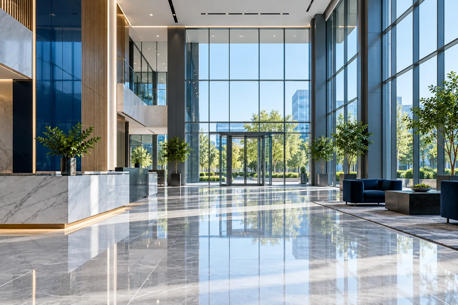Class A office lobby with a polished stone floor and glass curtain wall